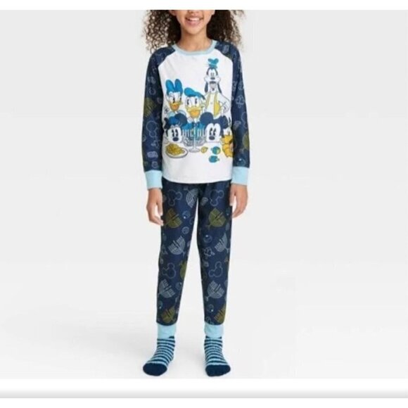 Mickey Mouse & Friends Girl's Hanukkah Pajama Set with Cozy Socks Blue Med 8 - Picture 1 of 10